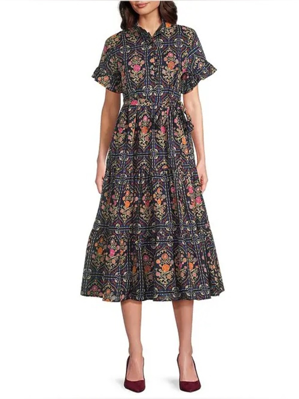 J.Marie Torian Short Sleeve Waist Tie Floral Navy Midi Dress Size XS
